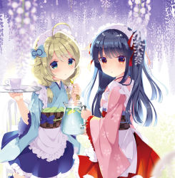 Rule 34 | 2girls, ahoge, apron, black hair, blonde hair, blue eyes, blue kimono, blue skirt, blurry, blurry foreground, blush, checkered sash, closed mouth, commentary request, cup, depth of field, floral print, flower, frilled apron, frilled skirt, frills, green eyes, holding, holding jug, holding tray, idolmaster, idolmaster cinderella girls, japanese clothes, kimono, long hair, long sleeves, looking at viewer, looking to the side, maid, maid headdress, multicolored eyes, multiple girls, obi, pink kimono, print kimono, red eyes, red ribbon, red skirt, ribbon, sajo yukimi, sash, saucer, skirt, takashina asahi, teacup, tray, wa maid, waist apron, water, white apron, white flower, wide sleeves, yusa kozue