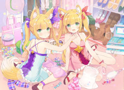 Rule 34 | &gt;:(, 2girls, :d, animal ear fluff, animal ears, bag, bare arms, bare shoulders, blonde hair, blue dress, blue footwear, blush, boots, bow, box, breasts, brown footwear, brown hat, candy wrapper, closed mouth, collarbone, criss-cross halter, dress, feeding, fox ears, fox girl, fox tail, frilled dress, frills, green eyes, green footwear, hair bow, hair brush, hair ribbon, halterneck, hand mirror, hat, head tilt, high heel boots, high heels, highres, holding, indoors, jar, jewelry, jewelry box, loafers, looking at viewer, looking back, magazine (object), mirror, multiple girls, nail polish bottle, necklace, nose blush, official art, open mouth, pearl necklace, pink dress, plastic bag, purple bow, purple ribbon, red bow, red footwear, red ribbon, ribbon, ring, sandals, shoes, shopping bag, shoulder blades, sitting, sleeveless, sleeveless dress, small breasts, smile, tail, tetsujin momoko, toenails, torikago scrap march, transparent, twintails, unworn boots, unworn hat, unworn headwear, unworn shoes, v-shaped eyebrows, wariza, white footwear