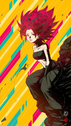 Rule 34 | 1girl, bandeau, black gloves, black pants, breasts, caulifla, collarbone, dragon ball, dragon ball super, elbow gloves, gloves, highres, kanchiyo, long hair, medium breasts, pants, red hair, sitting, sketch, solo, spiked hair, strapless, yellow background