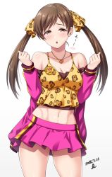 Rule 34 | 1girl, :o, animal print, bare shoulders, blush, breasts, brown eyes, brown hair, camisole, cleavage, collarbone, commentary request, contrapposto, cosplay, cowboy shot, dated, embarrassed, groin, hair ribbon, half-closed eyes, hands up, head tilt, heart, heart necklace, highres, idolmaster, idolmaster cinderella girls, jacket, jewelry, leopard print, long hair, long sleeves, looking at viewer, matoba risa, matoba risa (cosplay), medium breasts, midriff, miniskirt, navel, necklace, nitta minami, off shoulder, open clothes, open jacket, parted bangs, pink jacket, pink skirt, print camisole, ribbon, shiny skin, signature, simple background, skirt, solo, spaghetti strap, standing, stomach, tareme, twintails, white background, yellow ribbon, yoohi