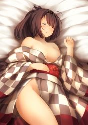 Rule 34 | 10s, 1girl, ahoge, akizuki (kancolle), black hair, blush, breasts, checkered clothes, checkered kimono, cleavage, closed eyes, collarbone, commentary request, facing viewer, groin, hair ornament, hairband, hand on own stomach, headgear, highres, japanese clothes, kantai collection, kimono, large breasts, long hair, lying, no bra, no panties, off shoulder, on back, on bed, open mouth, ponytail, sleeping, solo, thighs, tobi-mura, yukata