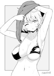 Rule 34 | 1girl, armpits, arms up, bikini, blush, breasts, greyscale, kichihachi, large breasts, messy hair, mole, mole on breast, monochrome, navel, one eye closed, original, short hair, solo, stomach, swimsuit, undressing
