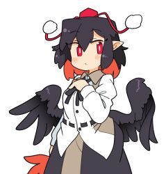 Rule 34 | 1girl, bird wings, black hair, black skirt, black wings, blush, buttons, closed mouth, collared shirt, feathered wings, hair between eyes, hand fan, hat, hauchiwa, holding, holding fan, ini (inunabe00), long sleeves, pointy ears, pom pom (clothes), red eyes, red hat, shameimaru aya, shirt, short hair, simple background, skirt, solo, tokin hat, touhou, white background, white shirt, wings