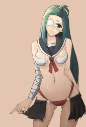 Rule 34 | 1girl, bandages, contrapposto, eyepatch, female focus, green eyes, green hair, head tilt, long hair, looking at viewer, matching hair/eyes, original, revealing clothes, ryusho, sailor collar, simple background, solo, standing, topknot, upper body