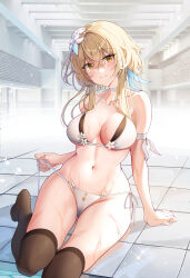 Rule 34 | 1girl, absurdres, alternate costume, arm strap, arm support, bare arms, bare shoulders, bikini, black thighhighs, blonde hair, blush, breasts, choker, cleavage, closed mouth, collarbone, commentary, feather hair ornament, feathers, flower, genshin impact, hair between eyes, hair flower, hair ornament, halterneck, highres, holding, indoors, lily (flower), looking at viewer, lumine (genshin impact), medium breasts, navel, no shoes, on floor, over-kneehighs, short hair with long locks, side-tie bikini bottom, sidelocks, sitting, skindentation, smile, sob (submar1089), solo, stomach, string bikini, swimsuit, thighhighs, thighs, tile floor, tiles, untied bikini, wet, white bikini, white choker, white flower, yellow eyes