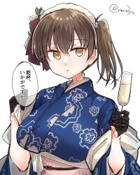 Rule 34 | 1girl, alcohol, alternate costume, alternate hairstyle, black gloves, blue kimono, breasts, brown eyes, brown hair, champagne, champagne flute, commentary request, cup, drinking glass, enmaided, gloves, half gloves, highres, holding, japanese clothes, kaga (kancolle), kantai collection, kimono, large breasts, maid, maid headdress, matsunaga (haku), print kimono, simple background, solo, translation request, twintails, upper body, wa maid, white background