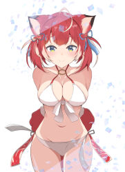 Rule 34 | 1girl, absurdres, ahoge, akami karubi, animal ears, artist request, bikini, blue eyes, blush, bow, breasts, cat ears, cat girl, cat hair ornament, closed mouth, commentary, front-tie bikini top, front-tie top, gradient hair, hair bow, hair ornament, heart, heart hair ornament, highres, indie virtual youtuber, large breasts, looking at viewer, multicolored eyes, multicolored hair, o-ring, o-ring bikini, o-ring top, red hair, short hair, side-tie bikini bottom, smile, solo, swimsuit, virtual youtuber, white bikini, white hair, yellow eyes