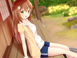 1girl arm_support blue_shorts blurry blurry_background blush breasts brown_hair brown_jacket commentary_request double-parted_bangs dutch_angle flower green_eyes hair_between_eyes hanazora_satsuki jacket long_hair looking_at_viewer medium_breasts open_clothes open_jacket open_mouth original outdoors shirt short-sleeved_jacket short_sleeves shorts sitting smile solo t-shirt veranda white_shirt yellow_flower