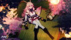 Rule 34 | 1girl, absurdres, animal ears, artist request, bare shoulders, black footwear, breasts, cherry blossoms, closed mouth, cup, food, fox ears, fox mask, from above, full body, grass, hair between eyes, highres, holding, holding cup, honkai (series), honkai impact 3rd, looking at viewer, looking up, mask, official art, on floor, onigiri, pink hair, pink skirt, skirt, smile, solo, tea, teacup, teapot, thighhighs, tray, white thighhighs, wind chime, yae sakura, yae sakura (gyakushinn miko)