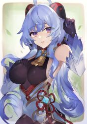 Rule 34 | 1girl, ahoge, bell, black gloves, blue hair, bodystocking, breasts, cowbell, detached sleeves, ganyu (genshin impact), genshin impact, gloves, goat horns, hand on own chest, highres, horns, long hair, looking at viewer, medium breasts, purin uni, purple eyes, solo