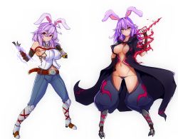 Rule 34 | 2girls, ahoge, alternate costume, animal ears, armor, armored boots, armpits, aura, baggy pants, bare shoulders, belt, black cloak, black gloves, black panties, boots, breasts, rabbit ears, center opening, cloak, closed mouth, commentary request, crotchless, crotchless pants, denim, dual persona, elbow gloves, full body, gloves, gluteal fold, groin, large breasts, long hair, looking at viewer, lowleg, lowleg panties, multiple girls, navel, open cloak, panties, pants, purple hair, red eyes, red pants, reisen udongein inaba, revealing clothes, shirt, sideboob, sleeveless, sleeveless shirt, sprout (33510539), stomach, touhou, underwear, white background, white shirt