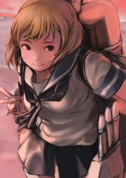 Rule 34 | 10s, 1girl, absurdres, bad id, bad twitter id, bandaid, bandaid on face, blonde hair, do (artist), female focus, highres, kantai collection, looking to the side, oboro (kancolle), ocean, outdoors, school uniform, serafuku, short hair, skirt, sky, smile, smokestack, solo, uniform, v