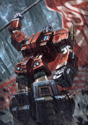 Rule 34 | arm up, autobot, emblem, flag, kote (tures), lightning, machinery, mecha, no humans, optimus prime, outdoors, rain, realistic, redesign, robot, science fiction, standing, transformers, water