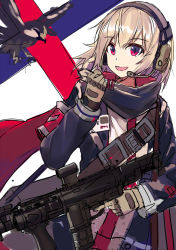 Rule 34 | 1girl, armband, bird, blonde hair, commentary request, echj, girls&#039; frontline, gloves, gun, hair between eyes, headset, highres, holding, holding gun, holding weapon, jacket, long sleeves, looking at viewer, name tag, open mouth, red eyes, red scarf, rifle, scarf, scw (girls&#039; frontline), scw (gun), short hair, sketch, smile, solo, trigger discipline, uniform, weapon
