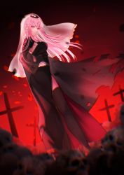 Rule 34 | 1girl, black dress, blurry, blurry foreground, closed mouth, cross, depth of field, dress, floating hair, highres, hololive, hololive english, kitasaya ai, latin cross, long hair, mori calliope, pink hair, red eyes, see-through, skull, solo, thighhighs, tiara, torn clothes, torn dress, veil, very long hair, virtual youtuber