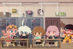 Rule 34 | 2girls, 4boys, ahoge, android, antenna hair, arms on table, bag, beanie, belt, belt buckle, black belt, black choker, black footwear, black gloves, black hat, black pants, black socks, black thighhighs, blonde hair, blue eyes, blue jacket, blue sleeves, blush stickers, boots, bow, box, brown-framed eyewear, brown hair, brown skirt, bucket, buckle, ceiling light, chibi, choker, clenched teeth, closed mouth, collared shirt, commentary request, crossdressing, crossed legs, danganronpa (series), danganronpa 2: goodbye despair, danganronpa v3: killing harmony, exit sign, eyelashes, fingerless gloves, frown, fujisaki chihiro, full body, furrowed brow, gloves, goggles, goggles on head, green eyes, green jacket, green necktie, green sleeves, hair ornament, hairclip, hakusoto, handheld game console, hat, hinata hajime, holding, holding bag, holding handheld game console, in-franchise crossover, indoors, iruma miu, jacket, jumpsuit, k1-b0, knee boots, kneehighs, long hair, long sleeves, looking at another, looking at object, mary janes, miniskirt, multiple belts, multiple boys, multiple girls, nanami chiaki, neck ribbon, necktie, nervous smile, nintendo switch, no lineart, on stool, open clothes, open jacket, open mouth, pants, pink eyes, pink footwear, pink hair, pink ribbon, pink serafuku, pink shirt, pink skirt, pink sleeves, plastic bag, playing games, pleated skirt, ribbon, rocket hair ornament, round eyewear, sailor collar, school uniform, serafuku, sharp teeth, shirt, shoe belt, shoes, short sleeves, sitting, skirt, skirt set, smile, sneakers, socks, soda kazuichi, standing, sweatdrop, table, teeth, thighhighs, tinted eyewear, trap, upper teeth only, very long hair, wavy hair, white footwear, white hair, white sailor collar, white shirt, white undershirt, wooden floor, yellow-tinted eyewear, yellow bow, yellow jumpsuit, yellow sleeves, zipper pull tab