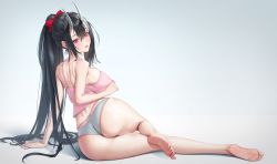 Rule 34 | 1girl, arm rest, ass, back, barefoot, black hair, breasts, camisole, demon girl, demon horns, feet, from behind, full body, grey background, grey panties, highres, horns, knee up, large breasts, long hair, looking at viewer, looking back, lying, mole, mole on back, mole under eye, nail polish, on side, original, panties, parted lips, pink camisole, pink eyes, pink shirt, ponytail, red nails, shirt, sideboob, silver tokki, simple background, skindentation, soles, solo, strap gap, thighs, toenail polish, toenails, toes, underwear, very long hair