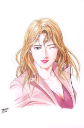 Rule 34 | 1980s (style), 1girl, artist name, blonde hair, blue eyes, breasts, city hunter, cleavage, coat, highres, houjou tsukasa, lipstick, long hair, looking at viewer, makeup, official art, oldschool, one eye closed, parted lips, pink coat, pink shirt, red lips, retro artstyle, rosemary moon, shirt, simple background, smile, solo, wavy hair, white background, wink