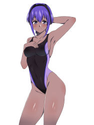 Rule 34 | 1girl, arm behind head, armpits, blush, breasts, cleavage, competition swimsuit, dark skin, dark-skinned female, fate/prototype, fate/prototype: fragments of blue and silver, fate (series), hairband, hassan of serenity (fate), highleg, highres, kagemusha, looking at viewer, one-piece swimsuit, purple eyes, purple hair, short hair, sideboob, simple background, smile, solo, swimsuit, white background