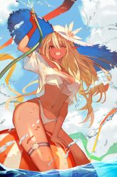 Rule 34 | 1girl, bikini, blonde hair, blue sky, breasts, bridal garter, cloud, commentary, dark-skinned female, dark skin, day, english commentary, hair between eyes, hat, highres, hololive, lack, long hair, looking at viewer, medium breasts, multicolored hair, navel, one eye closed, partially submerged, pointy ears, red eyes, shiranui flare, sky, smile, solo, streaked hair, swimsuit, virtual youtuber, water, white bikini, white hair, white hat