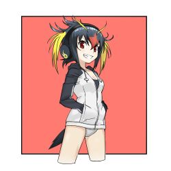 Rule 34 | 10s, 1girl, black border, black hair, blonde hair, border, breasts, cleavage, collarbone, commentary, cowboy shot, cropped legs, dot nose, drawstring, from side, grin, hair between eyes, hands in pockets, headphones, hood, hooded jacket, jacket, kanemaru (knmr fd), kemono friends, knmr (knmr fd), long sleeves, looking at viewer, medium breasts, multicolored hair, official art, outside border, pocket, red background, red eyes, red hair, rockhopper penguin (kemono friends), short hair, simple background, smile, solo, tail, teeth, tsurime, twintails, white border