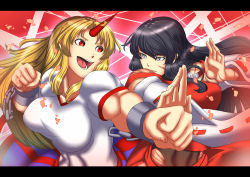Rule 34 | 2girls, black hair, blocking, blonde hair, border, breasts, clenched hands, detached sleeves, faceoff, fighting stance, gradient background, horns, hoshiguma yuugi, large breasts, letterboxed, multiple girls, muscular, muscular female, nontraditional miko, original, petals, purple eyes, red eyes, scar, sendai hakurei no miko, shirt, single horn, star (symbol), striped, striped background, t-shirt, touhou, wide sleeves, yui sora