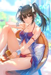 Rule 34 | 10s, 1girl, armband, beach, bikini, blurry, blush, bow, bracelet, breasts, brown hair, chair, cleavage, closed mouth, collarbone, day, depth of field, front-tie bikini top, front-tie top, hair between eyes, hair bow, halterneck, hand to own mouth, highres, holding, jewelry, kantai collection, knee up, leg up, light smile, long hair, looking at viewer, lotion, m/, medium breasts, multi-strapped bikini bottom, multi-strapped bikini top, outdoors, pillow, pinky out, red bikini, see-through, side-tie bikini bottom, sidelocks, sitting, small breasts, smile, solo, sunscreen, swimsuit, thighs, tousaki umiko, tsurime, white bow, wristband, yellow eyes, zuikaku (kancolle)