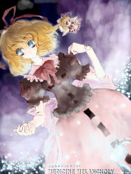 Rule 34 | 1girl, black shirt, blonde hair, blue eyes, bubble skirt, doll, dutch angle, female focus, flying, hat, looking at viewer, medicine melancholy, pink skirt, shirt, short hair, size difference, skirt, solo, standing, su-san, touhou