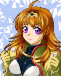 Rule 34 | ahoge, charlotte hasting, clenched hands, gloves, hairband, highres, jewelry, looking at viewer, necklace, negimura kisara, orange hair, purple eyes, signature, solo, super robot wars, super robot wars v, yellow gloves