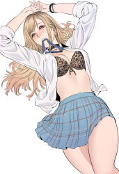 Rule 34 | 1girl, animal print, arms up, barbell piercing, bare legs, black choker, blonde hair, blue necktie, blue skirt, blush, bra, breasts, choker, cleavage, collared shirt, commentary, cowboy shot, ear piercing, earrings, front-tie bra, hair behind ear, highres, industrial piercing, jewelry, kitagawa marin, leopard print, looking at viewer, lying, medium breasts, midriff, mouth hold, navel, necktie, necktie in mouth, on back, open clothes, open shirt, piercing, pink nails, plaid, plaid skirt, pleated skirt, print bra, red eyes, shirt, skirt, solo, sono bisque doll wa koi wo suru, swept bangs, underwear, uukkaa, white background, white shirt