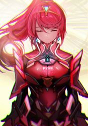 Rule 34 | 1girl, alternate costume, alternate hairstyle, breasts, chest jewel, cosplay, earrings, eyebrows hidden by hair, highres, jewelry, large breasts, pneuma (xenoblade), pneuma (xenoblade) (cosplay), pyra (xenoblade), red hair, simple background, solo, swept bangs, tarbo (exxxpiation), xenoblade chronicles (series), xenoblade chronicles 2