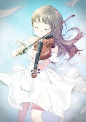 Rule 34 | 1girl, bare shoulders, blue background, blurry, blurry foreground, blush, bow (music), brown hair, closed eyes, commentary, cropped legs, detached sleeves, dress, floating clothes, floating hair, gradient background, gradient hair, instrument, light blush, multicolored hair, music, original, paper, playing instrument, purple hair, short sleeves, smile, solo, standing, unya (unya-unya), white dress