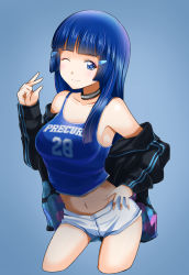 Rule 34 | 1girl, ;), aoki reika, black cardigan, blue background, blue eyes, blue hair, blue shirt, blunt bangs, breasts, c-wing, cardigan, closed mouth, clothes down, collar, collarbone, copyright name, cropped legs, hair ornament, hairclip, highres, hime cut, long hair, medium breasts, midriff, navel, one eye closed, open cardigan, open clothes, precure, shirt, short shorts, shorts, sideboob, simple background, sleeveless, sleeveless shirt, smile, smile precure!, solo, standing, stomach, straight hair, white shorts