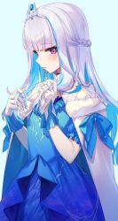 Rule 34 | 1girl, blue dress, blue hair, blunt bangs, blush, braid, cape, closed mouth, colored inner hair, dress, fur-trimmed cape, fur trim, gloves, hachinatsu, hair ornament, twirling hair, half updo, highres, lize helesta, lize helesta (3rd costume), long hair, looking at viewer, multicolored hair, nijisanji, official alternate costume, purple eyes, short sleeves, sideways glance, silver hair, solo, tiara, virtual youtuber, white cape, white gloves