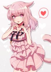 Rule 34 | animal ears, black ribbon, cat ears, cat tail, commentary request, cowboy shot, dress, facial tattoo, final fantasy, final fantasy xiv, frilled dress, frills, fujishima02, happy, heart, heart background, heart hands, long hair, looking at viewer, neck ribbon, pink dress, pink eyes, pink hair, pink tail, ribbon, simple background, solo, tail, tattoo, tongue, tongue out