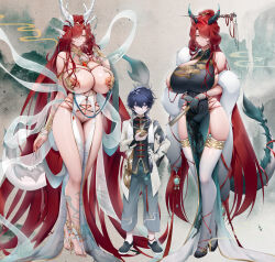 Rule 34 | 1boy, 2girls, absurdres, been, black footwear, blue hair, breasts, china dress, chinese clothes, coat, collar, dragon girl, dragon horns, dragon print, dragon tail, dress, elesis (elsword), elsword, folding fan, full body, hair over one eye, hand fan, highres, holding, holding fan, horns, huge breasts, long hair, metal collar, multiple girls, nipples, no shoes, orange eyes, pants, pelvic curtain, red hair, red ribbon, ribbon, shiny skin, shoes, short hair, sideboob, skindentation, solo, tail, thighhighs, toenails, toes, very long hair, white coat, white thighhighs, wide hips, yellow eyes