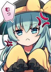 Rule 34 | 1girl, :&lt;, alternate hair length, alternate hairstyle, anger vein, angry, black hat, bow, close-up, closed mouth, commentary request, frilled sleeves, frills, frown, green eyes, green hair, hair between eyes, hands up, hat, hat bow, highres, komeiji koishi, long hair, looking at viewer, partial commentary, pout, rpameri, shirt, simple background, sleeves past fingers, sleeves past wrists, solo, speech bubble, straight-on, touhou, translated, v-shaped eyebrows, white background, wide sleeves, yellow bow, yellow shirt
