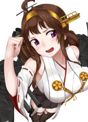 Rule 34 | 1girl, ahoge, anti-aircraft, anti-aircraft gun, armpits, bad id, bad pixiv id, black skirt, blush, boots, breasts, brown hair, cannon, collarbone, detached sleeves, double bun, from below, hair bun, hairband, headgear, highres, hinacalibur, japanese clothes, kantai collection, kongou (kancolle), kongou kai ni (kancolle), large breasts, long hair, mast, nontraditional miko, open mouth, purple eyes, ribbon-trimmed sleeves, ribbon trim, skirt, smile, solo, standing, thigh boots, thighhighs, turret, white background