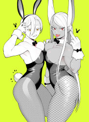 Rule 34 | 2girls, absurdres, animal ears, bare arms, bare shoulders, black bow, boku no hero academia, bow, breast press, breasts, cleavage, clenched teeth, collarbone, commentary request, dark-skinned female, dark skin, detached collar, fishnet pantyhose, fishnets, gloves, green background, highres, koyap, large breasts, leotard, long hair, looking at viewer, mirko, multiple girls, pantyhose, playboy bunny, rabbit ears, rabbit tail, red eyes, ryuukyuu, sharp teeth, short hair, simple background, strapless, strapless leotard, swept bangs, symmetrical docking, tail, teeth, tongue, tongue out, very long hair, white gloves, wrist cuffs, yellow eyes