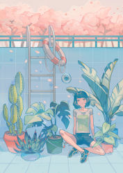 Rule 34 | 1girl, arms at sides, bare legs, blue sky, brown eyes, brown hair, bucket, cactus, cherry blossoms, clea (geee13), closed mouth, cloud, collarbone, day, denim, denim shorts, full body, grey shirt, head tilt, highres, leaf print, lifebuoy, lips, looking at viewer, original, outdoors, petals, plant, pool, pool ladder, potted plant, shirt, shoelaces, shoes, short hair, short sleeves, shorts, sky, sneakers, solo, spread legs, spring (season), swim ring, t-shirt, tree
