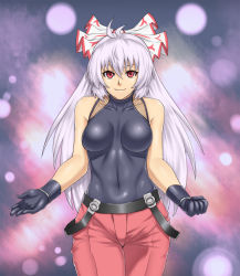 Rule 34 | 1girl, bare shoulders, breasts, clenched hand, cosplay, covered navel, female focus, fujiwara no mokou, gloves, houtengeki, impossible clothes, impossible shirt, large breasts, long hair, omega rugal, red eyes, rugal bernstein, rugal bernstein (cosplay), shirt, silver hair, solo, suspenders, suspenders slip, the king of fighters, touhou