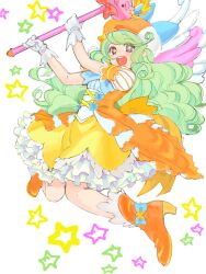 Rule 34 | 1girl, :d, bad drawr id, bad id, boots, curly hair, dress, floating, frilled dress, frills, full body, gloves, green hair, hat, high heel boots, high heels, holding, holding wand, long hair, looking at viewer, magical girl, monster strike, oekaki, open mouth, orange dress, orange footwear, orange hat, pego (peco peco), puffy short sleeves, puffy sleeves, purple eyes, rembrandt (monster strike), short sleeves, smile, solo, star-shaped pupils, star (symbol), symbol-shaped pupils, teeth, two-tone dress, two-tone hat, upper teeth only, wand, white background, white gloves, white hat, wings, yellow dress