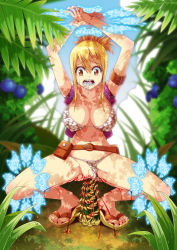 Rule 34 | absurdres, artist request, bikini, bikini top only, blonde hair, blood, breasts, crying, fairy tail, foam, forced, guro, hamstring, highres, large breasts, lucy heartfilia, pain, restrained, saliva, sandals, spikes, swimsuit, tagme, tears, vaginal