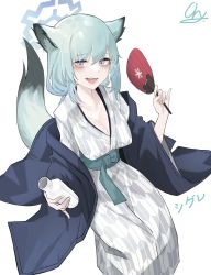 Rule 34 | 1girl, absurdres, animal ears, bath yukata, blue archive, blue eyes, bottle, breasts, character name, cleavage, collarbone, covered erect nipples, halo, hand fan, highres, holding, holding bottle, holding fan, japanese clothes, ka keo, kimono, light green hair, looking at viewer, medium hair, multicolored eyes, obi, open mouth, pink eyes, sash, shigure (blue archive), shigure (hot spring) (blue archive), signature, simple background, solo, tail, weasel ears, weasel tail, white background, yagasuri, yukata