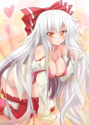 Rule 34 | 1girl, adapted costume, all fours, bare shoulders, body blush, bow, bra, breasts, cleavage, clothes pull, collarbone, female focus, fujiwara no mokou, hair bow, hand in own hair, heart, large breasts, long hair, long sleeves, looking at viewer, off shoulder, open clothes, open shirt, orange eyes, panties, pants, pants pull, red bra, shiny skin, shirt, silver hair, solo, touhou, umarutsufuri, underwear, very long hair, white panties