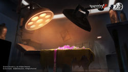 Rule 34 | 2020, bandages, bed, blood, copyright name, crossover, danganronpa (series), door, from below, highres, identity v, indoors, lamp, no humans, official art, open door, photo (object), pink blood, scenery, syringe, table, torn clothes