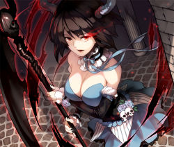 Rule 34 | 1girl, bad id, bad pixiv id, bare shoulders, black hair, blue flower, blue rose, breasts, choker, cleavage, detached collar, flower, from above, glowing, glowing eye, horns, large breasts, masa ashe, original, red eyes, ribbon, rose, scythe, sett, short hair, single horn, skull, solo, staff