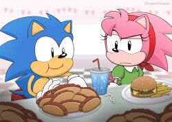 aged_down amy_rose animated animated_gif blue_fur blue_hair burger chili_dog classic_amy_rose classic_sonic date diner eating food french_fries green_shirt hairband indoors maneki_penguin pink_fur pink_hair sega serious shirt sitting smile soda_cup sonic_(series) sonic_the_hedgehog