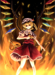 Rule 34 | 1girl, bad id, bad pixiv id, blonde hair, embodiment of scarlet devil, female focus, fire, flandre scarlet, hat, laevatein, laevatein (touhou), light, looking down, open mouth, parsley-f, red eyes, short hair, side ponytail, slime, smile, solo, standing, touhou, wings