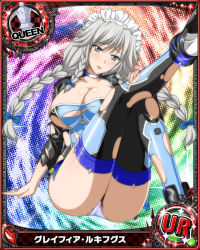 Rule 34 | 10s, 1girl, alternate costume, artist request, braid, breasts, card (medium), character name, chess piece, cleavage, grayfia lucifuge, grey eyes, high school dxd, large breasts, lipstick, maid headdress, makeup, official art, queen (chess), red lips, silver hair, solo, thighhighs, torn clothes, torn thighhighs, twin braids